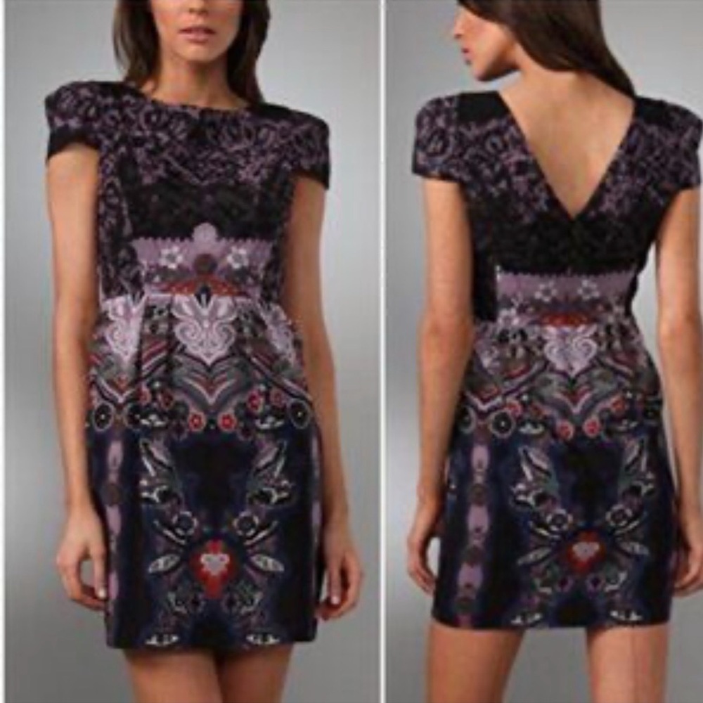 Tibi Gothic Floral Silk Shift Dress Size 8 | V-Back Mini |